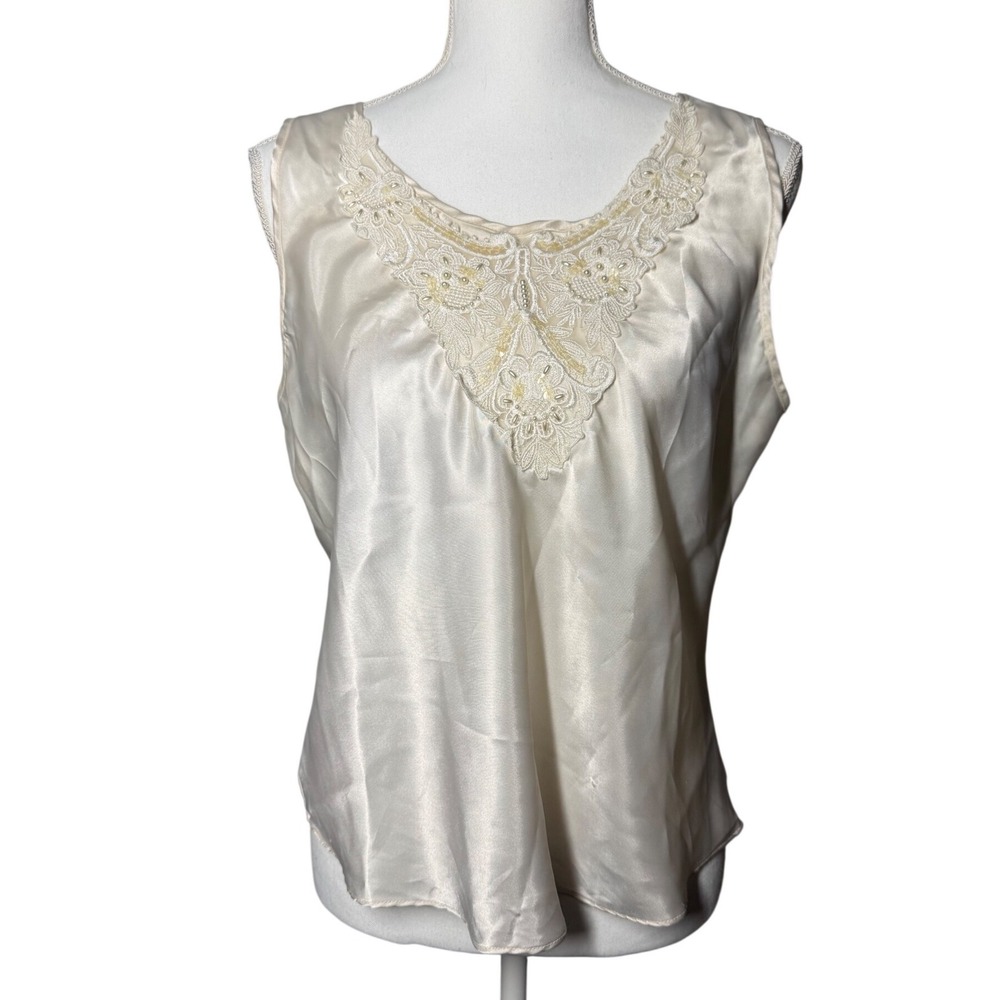 Cinema Etoile Vintage Lace Beaded Satin Camisole Large Cream Lingerie